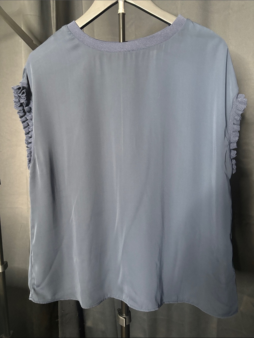 T Tahari Dusty Blue Ruffle-Trim Sleeveless Blouse